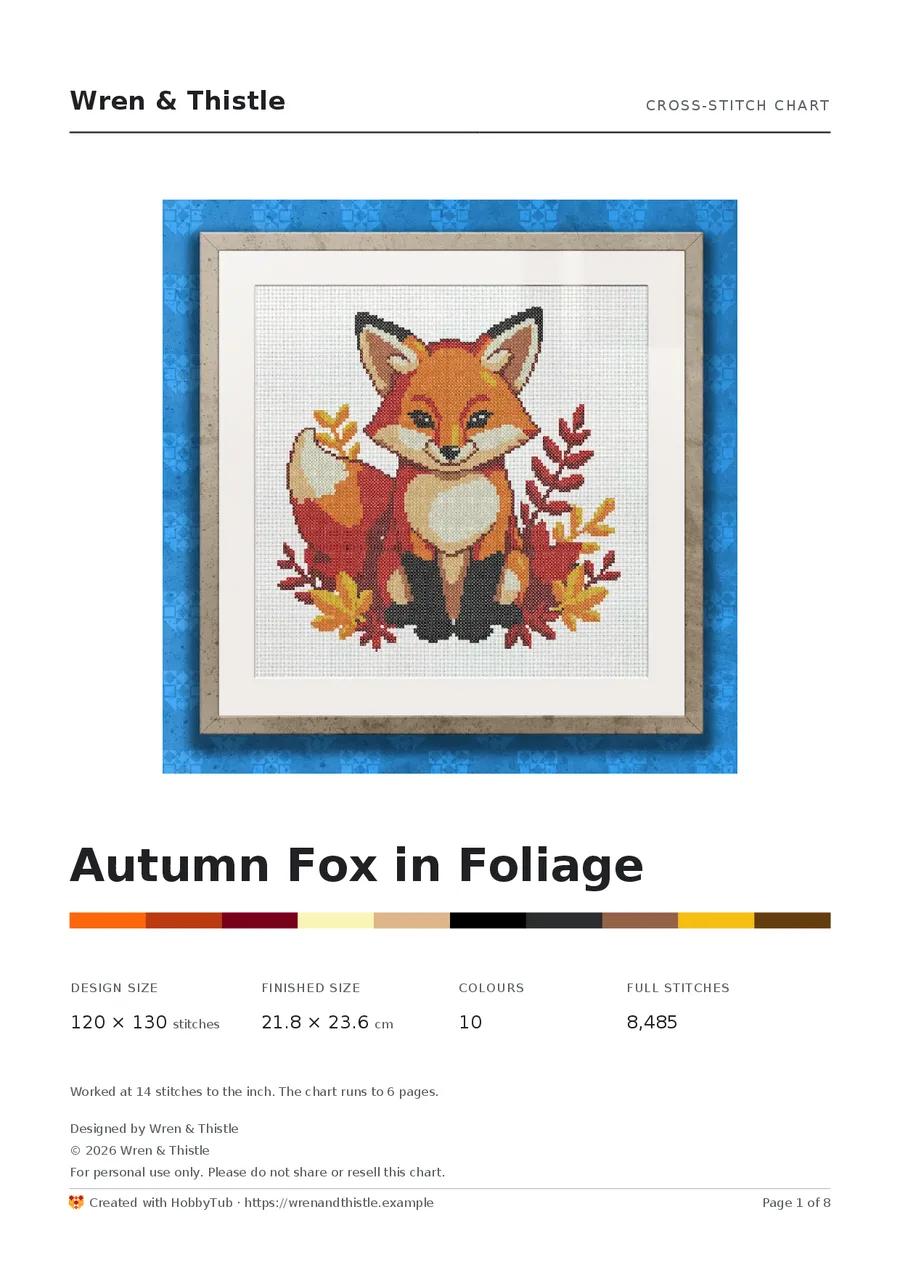 The cover of an exported chart for an autumn fox, with the designer's name across the top and their credit, copyright notice and usage terms under the design